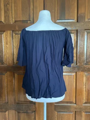 Lilly Pulitzer Sain Off-Shoulder Blouse Short‎ Bell Sleeve Tassel True Navy thumbnail 4