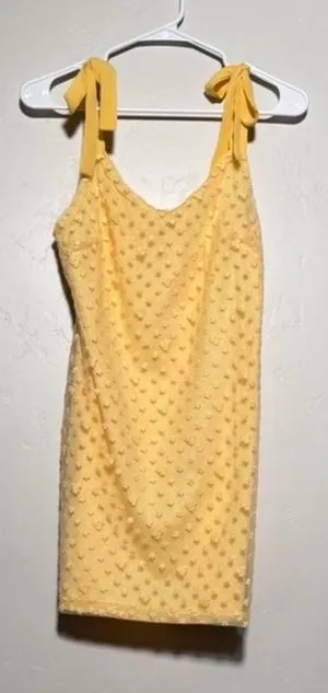 Blue Rain Yellow Swiss Dot Tie Strap Mini Dress M NWT thumbnail 1