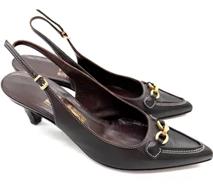 Salvatore Ferragamo Acribia Slingback Kitten Heels Chocolate Brown Gold 7.5 thumbnail 1