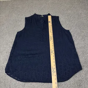 Ann Taylor Navy Blue Sleeveless Blouse Geometric Jacquard Ruffle Neck Top Large thumbnail 4