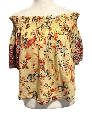 MIRA Size M Off the Shoulder Shirt Top Floral Print Boho Embroidered 100% Cotton thumbnail 1