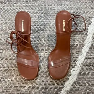 Larroudé Gloria Sandal In Caramel Leather and Vinyl Sz 8.5 thumbnail 5