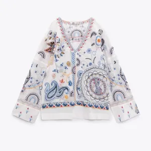 Zara Embroidered Floral‎ Fish Turtle Bird V-Neck Blouse Oyster White Small thumbnail 3