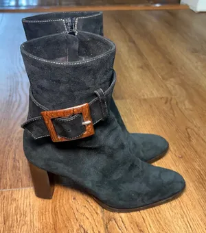 Theory Black Suede Ankle Boots Brown Buckle Stacked Heel Made in Italy Size 7.5 thumbnail 1