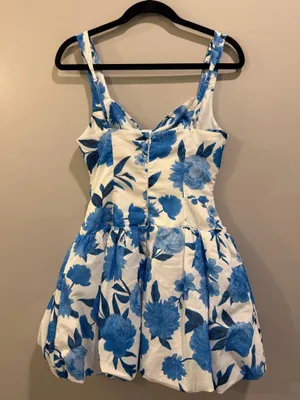 Angel Biba Bow Detail Ruched Bodice Bubble Hem Floral Print Mini Dress White and Blue thumbnail 5