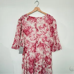 Chelsea28 Forget Me Not Floral Print Puff Sleeve Midi Dress in Beige and Pink thumbnail 10