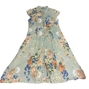 April Cornell Floral Maxi Button Front Short Sleeve Modest Green Dress Large thumbnail 2
