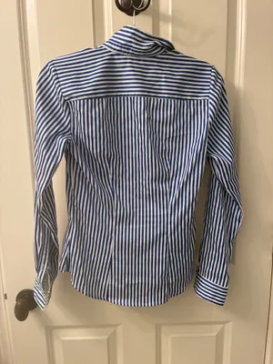H&M Blue and White Vertically Striped Long-Sleeve Button-Down Shirt thumbnail 3
