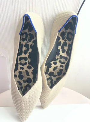 Rothy's Beige Pointed Knit Flats with Royal Blue Piping thumbnail 1