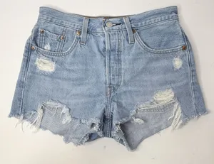 Levi's 501 Cut Off Denim‎ Shorts Womens W25 Distressed Raw Hem Beach Party Blue thumbnail 1