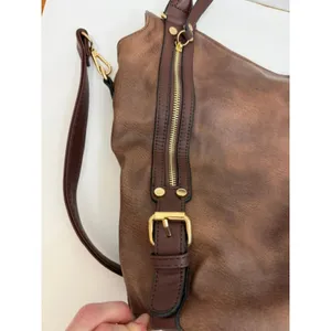 Vegan Leather Bucket Tote Crossbody Bag Brown Gold Hardware thumbnail 7
