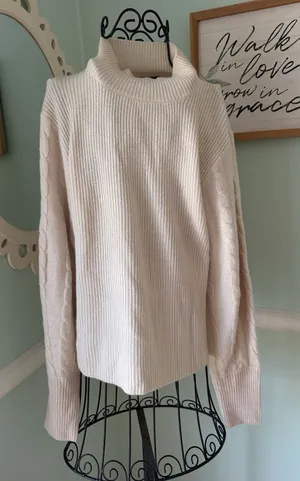 Magaschoni‎ Cashmere Wool Blend Mock Neck Ribbed Cable Knit Sweater Cream Large thumbnail 1