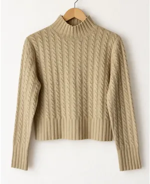 Ann Taylor Sweater Women Large Tan Cable Knit Lambswool Mock Neck Long Sleeve thumbnail 1