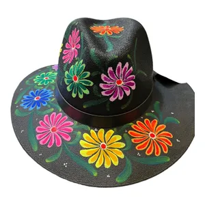HAT MEXICAN Artisanal Hand Painted Fedora Floral Sombrero Panama Bohemian Black thumbnail 6
