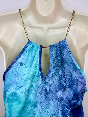 Emery Rose S Teal Blue Gold Chain Halter Dress Watercolor Marble Mini thumbnail 10