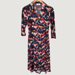 Kaileigh Navy Blue Coral Abstract Ikat Print Midi Wrap Dress 3/4 Sleeve Small thumbnail 6