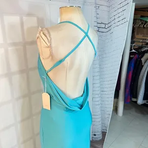 Blashe NWT Turquoise Halter Stretch Satin Crisscross Open Back Long Gown Medium thumbnail 6