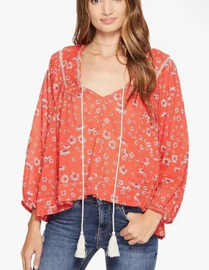 FREE PEOPLE Never A Dull Moment Blouse Cotton Red Floral Size‎ Small Boho thumbnail 1