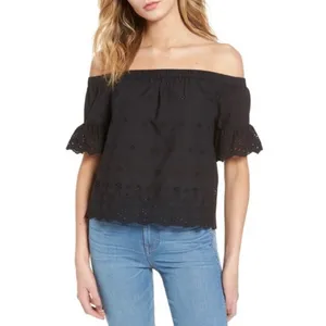 Madewell Eyelet Off-the-Shoulder Ruffled‎ Short Sleeve Top in Black Size Large thumbnail 3