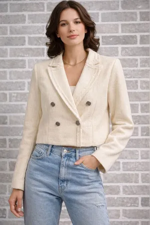Mina Self Cream‎ Cropped Tweed Blazer Jacket Double Breasted Size L thumbnail 1