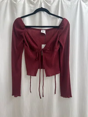 Princess Polly Burgundy Chantria Tie-Front Long Sleeve Crop Top thumbnail 2