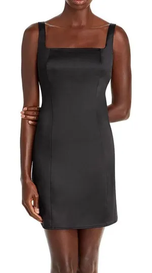 AQUA Mini‎ Satin Dress Size Large Black Square Neck Sleeves Exclusive NWT thumbnail 1