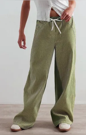 PEIHOT Low Rise Striped Pants for Women Pull On Drawstring Boho Wide Leg Jeans thumbnail 1