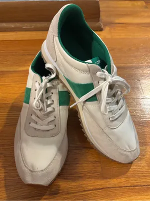 J. CREW Off White & Green Striped Suede Sneakers Sz 9 thumbnail 1