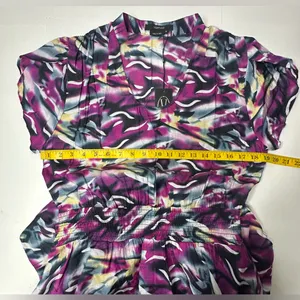 VERTIGO Dress Women’s Size Medium Blouson Flare Tiered Cinched‎ Purple Blue Work thumbnail 3