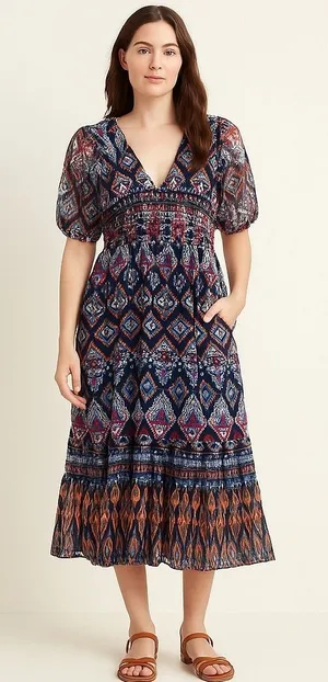 Old Navy Boho‎ Tiered Midi Dress Geometric Print Puff Sleeve Smocked Waist Lined thumbnail 1