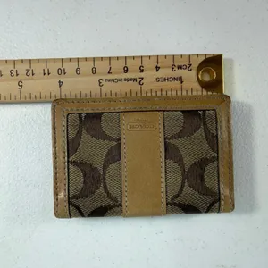 Coach Card Holder Signature Jacquard Leather Trim ID Holder Window Brown‎ Tan thumbnail 10
