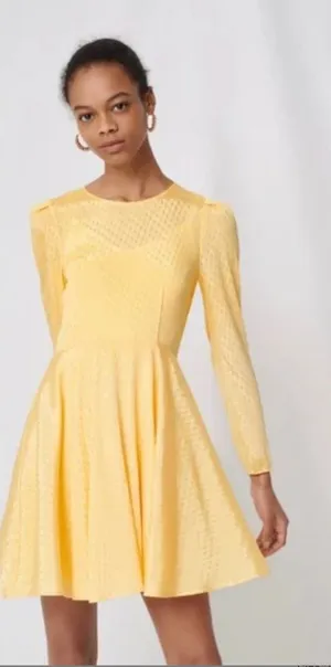 Maje Roseau Jacquard Skater Dress Long‎ Sleeve Yellow Size 40 US Large thumbnail 1