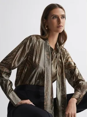 REISS Kendall Metallic Animal Print Tie Neck Blouse Gold Buttondown Size 8 thumbnail 1