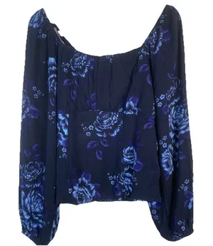 Old Navy Womens M Puff Sleeve Smock Long Sleeve Blouse Navy Blue Floral‎ Cottage thumbnail 1