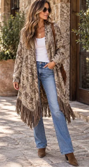 Lucky Brand Taupe & Beige Patterned Fringe Open Cardigan Size Large thumbnail 1