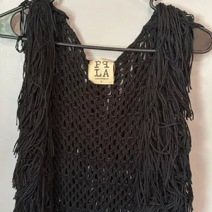 PPLA Flounder Fringe Vest Black Open Knit Crochet Sleeveless Boho Festival Large thumbnail 4