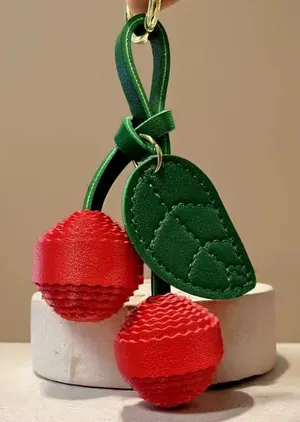 NIB Cherry Faux Leather Bag Charm Keychain Red Green Gold thumbnail 1