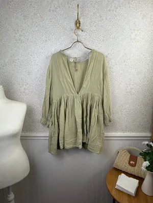 Free People Sage Green 100% Cotton Babydoll Living For It Dress - Size - Small thumbnail 4