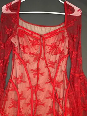 Women L Red Lace Corset Dress Bell Sleeve Y2K Romantic Goth Coquette Festival thumbnail 7
