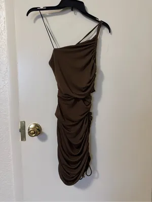 ZARA Brown Asymmetric Draped Mini Dress Size XS thumbnail 2