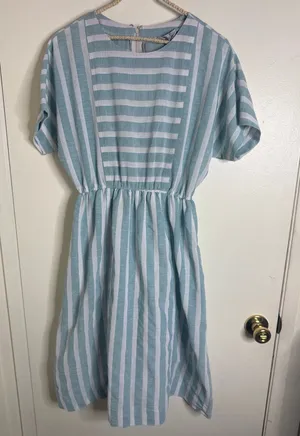 Vintage 80s/90s Rosy Route Striped Midi Dress | Blue & White Panels | Size M thumbnail 1