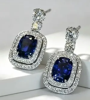 Blue Sapphire and Diamond Halo Drop Earrings thumbnail 1