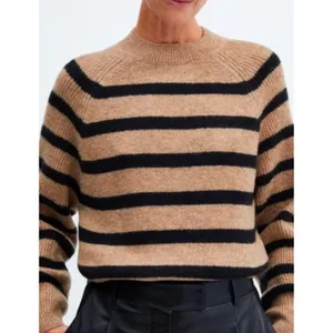 Mango MNG Striped Raglan Knit Sweater Camel Black Crew Neck Relaxed Fit XS thumbnail 2