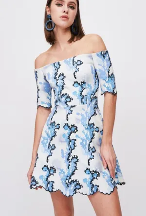 Cynthia Rowley Off-The-Shoulder Blue Ivory Fit And Flare Skater A-Line Neoprene thumbnail 1