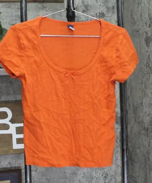 Old Navy Womens Babydoll Knit Bow Accent Shirt Top Orange L thumbnail 1