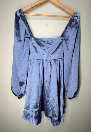 NEW Altar’d State Blue Satin Square Neck Puff Sleeve Dress Back Bow Cocktail thumbnail 1