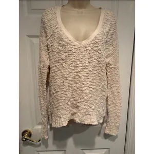 Free People Ivory V-Neck Popcorn Knit Cotton Blend Sweater Cream Small thumbnail 2