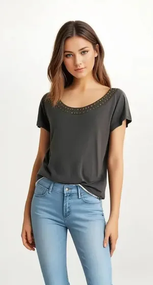 American Eagle‎ Women's Medium Dark Gray Scoop Neck Studded Short Sleeve Top thumbnail 1