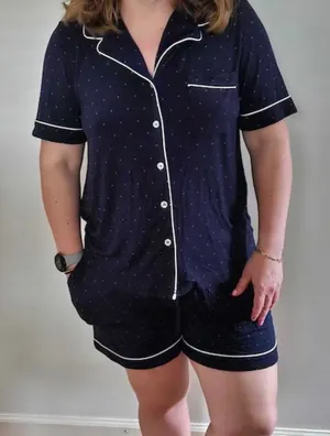 Cozy Earth Navy Blue Polka Dot Bamboo Pajama Set Short Sleeve Shorts Piped Trim thumbnail 1