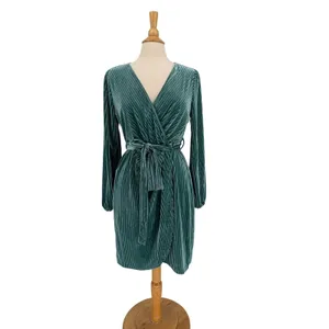 MEROKEETY Teal Ribbed Velvet Wrap Dress Long‎ Sleeve Tie Waist Size Large thumbnail 4